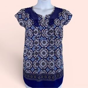 Daniel Rainn Women’s 1X Blue & Peach Split Neck Patterned Blouse